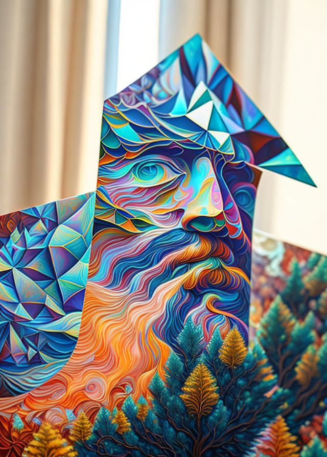 Colorful Geometric Art: Bearded Figure, Trees, Abstract Patterns