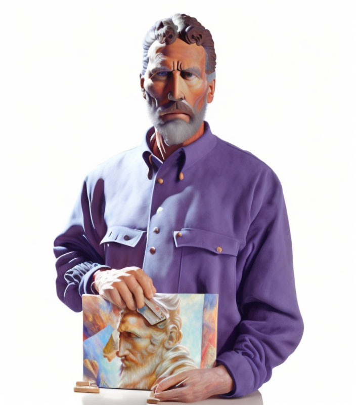 Serious artist in purple shirt with palette and classical statue painting