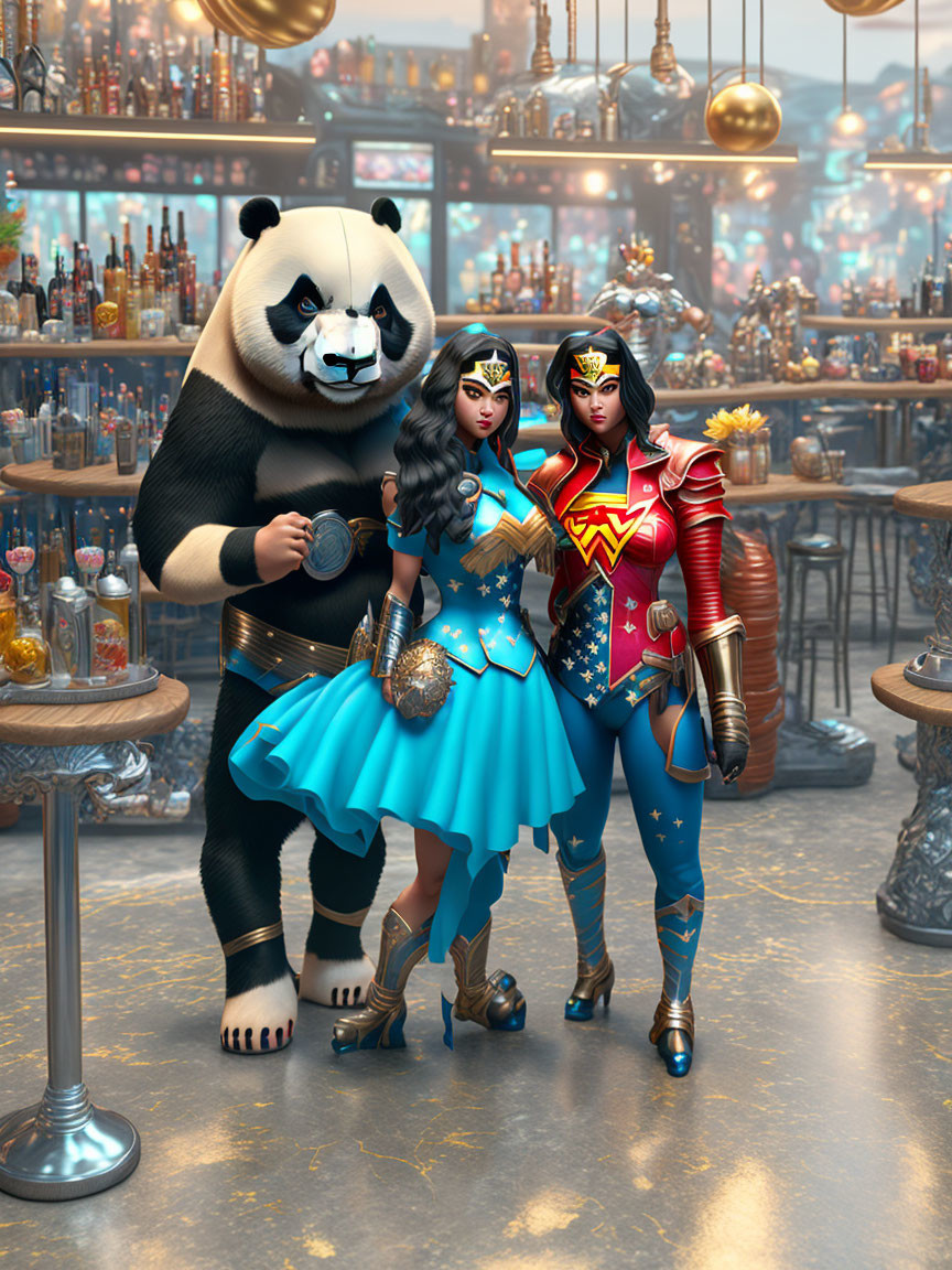 Steampunk-themed bar with panda, Wonder Woman, and Miss America costumes