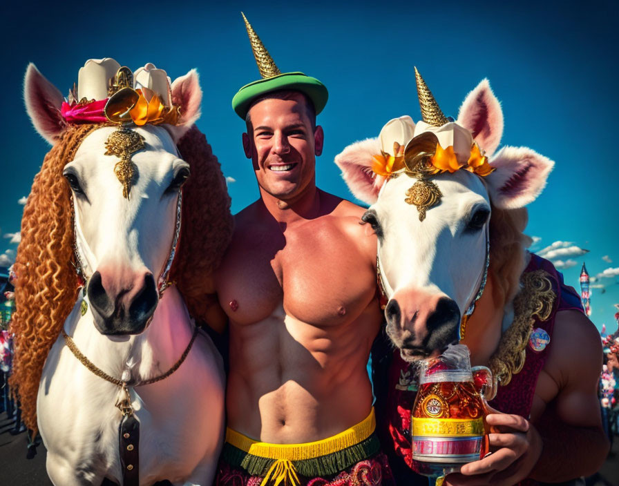 Shirtless man with unicorn headband between two horse unicorns holding beer mug