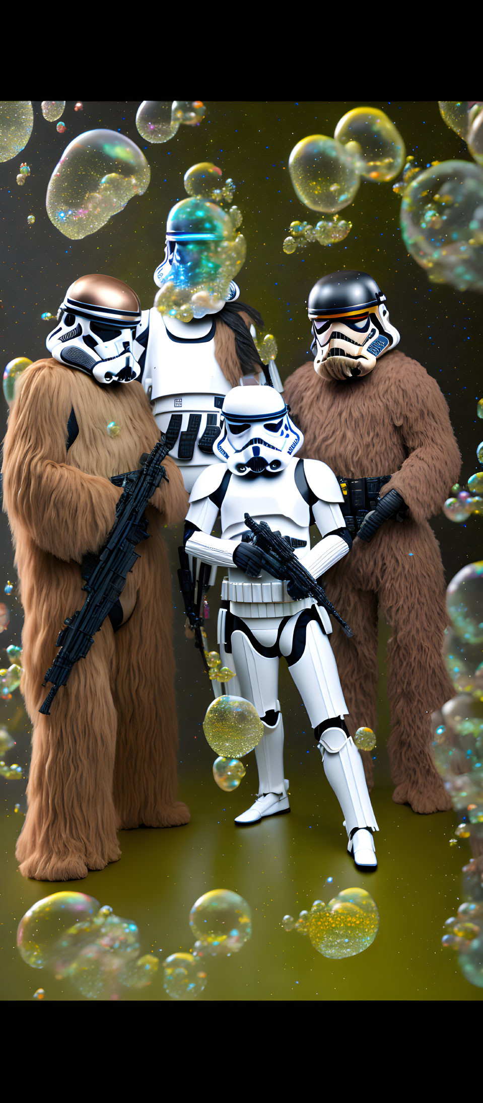 Cosplay trio in "Star Wars" costumes with floating bubbles on dark backdrop