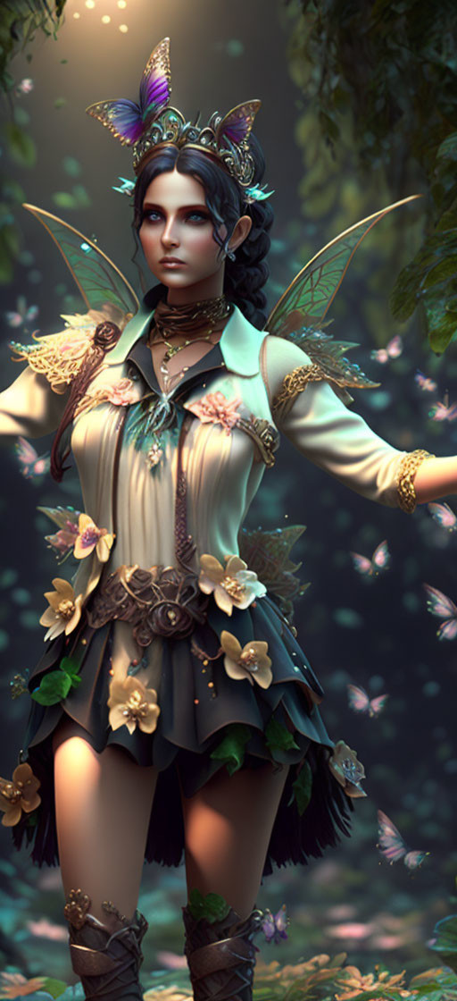 Fantasy female elf with blue skin and butterfly wings in enchanted forest