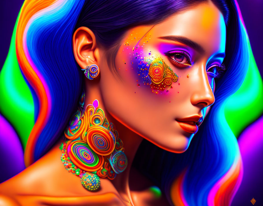 Vibrant digital portrait of a woman with blue and rainbow hair and intricate orange and yellow face art