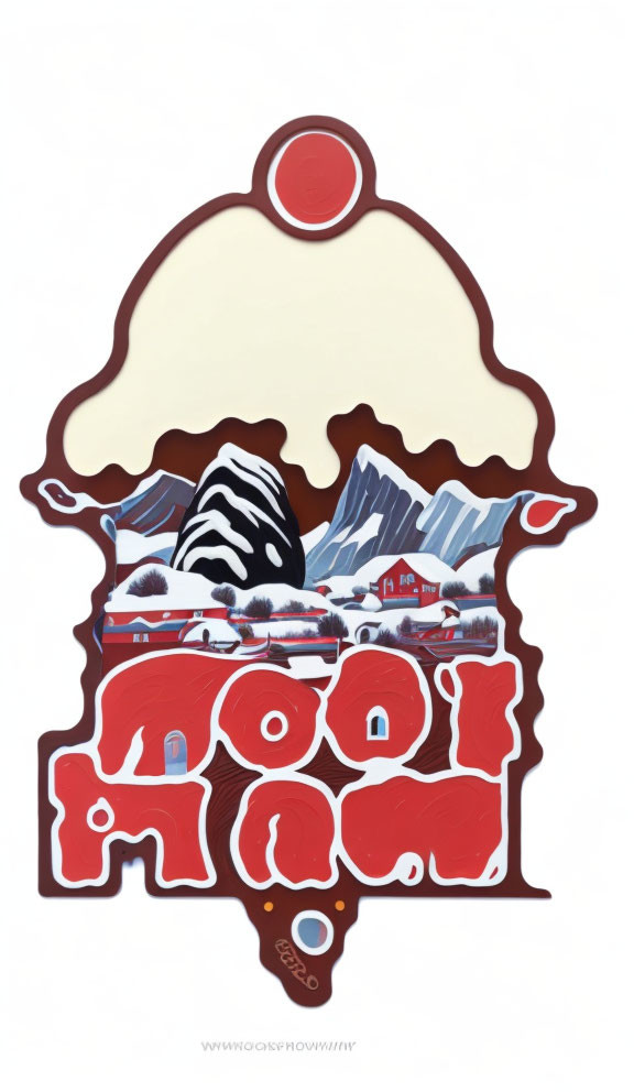 Whimsical snow-covered landscape in ice cream shape with "COOL" word.