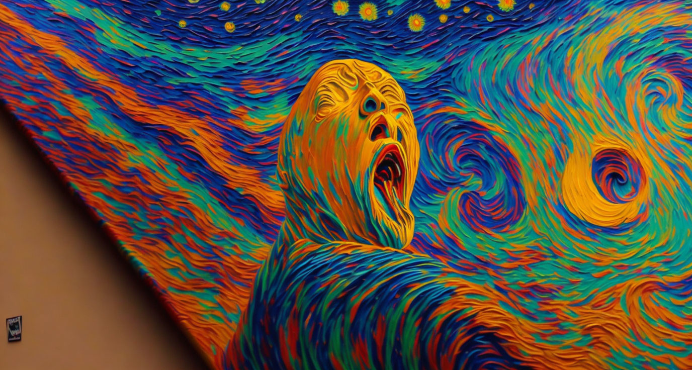 Colorful mural blending elements of "The Scream" and "Starry Night" art.