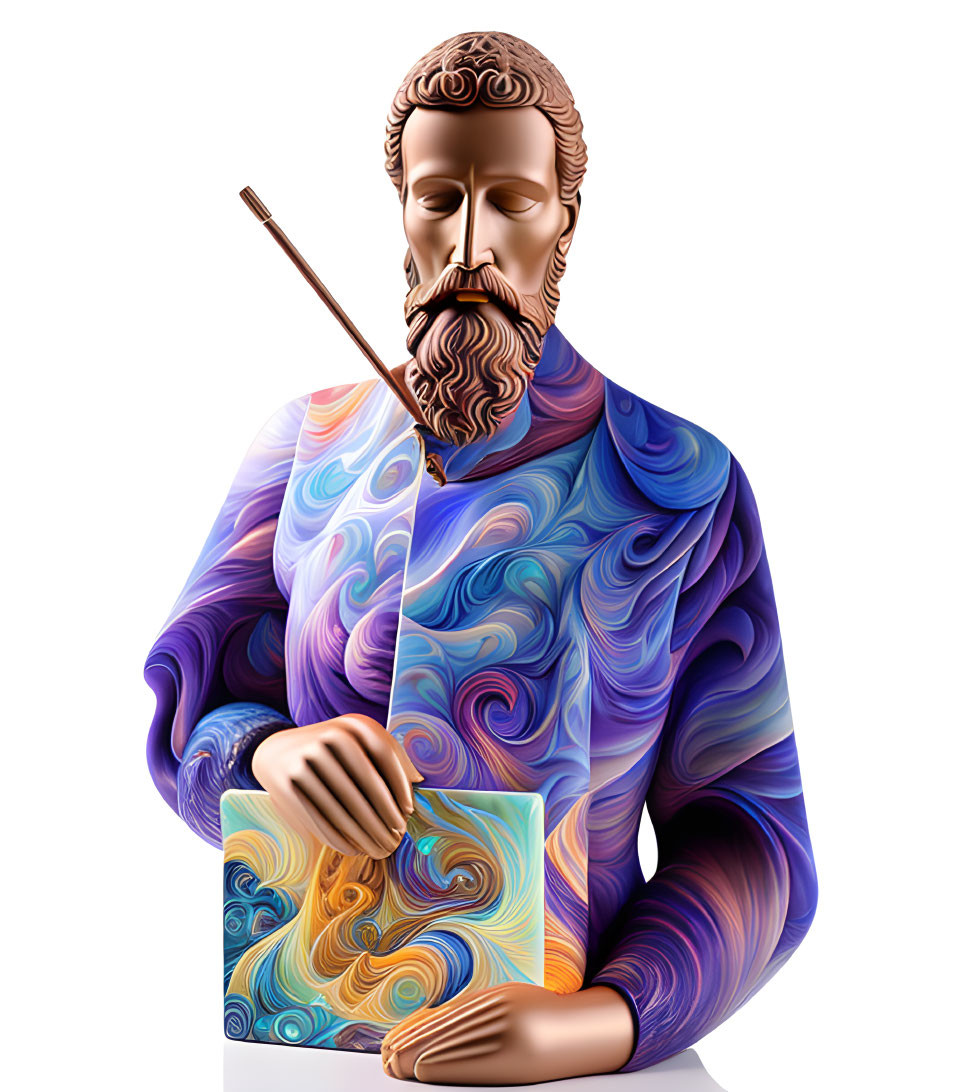 Colorful swirling patterns on bearded man holding paintbrush