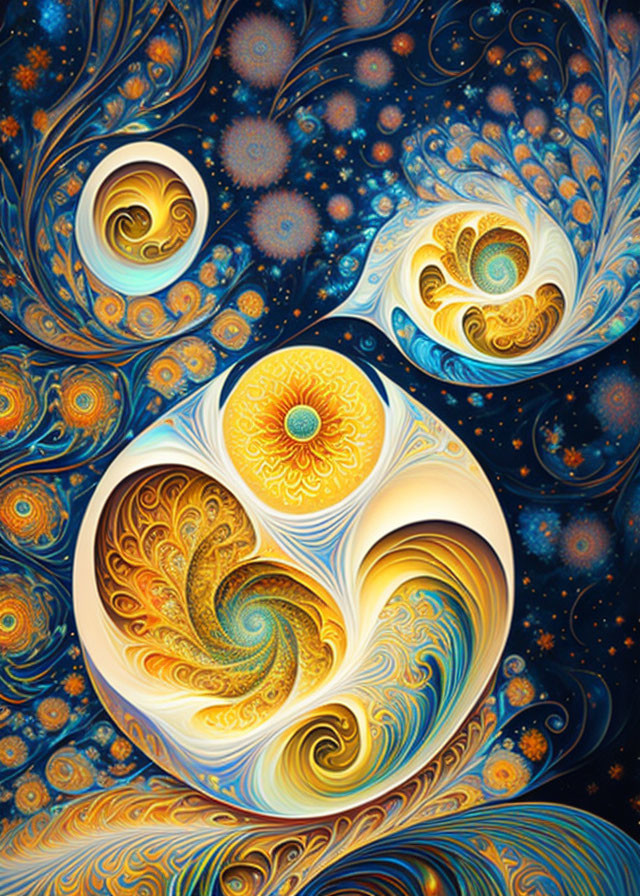 Colorful fractal art: swirling gold and blue patterns for a cosmic vibe