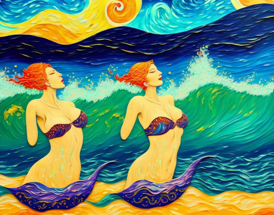 Red-haired mermaids in patterned tails swim in Van Gogh-style ocean