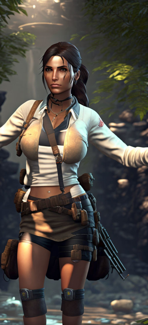 Female adventurer in jungle setting with gear