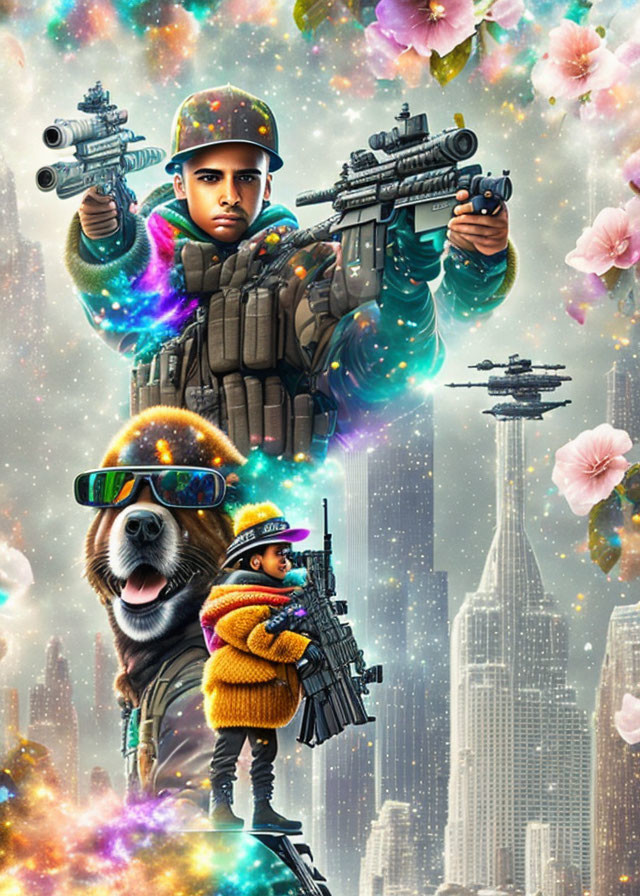 Futuristic soldier, dog, and child with advanced guns in sci-fi cityscape.