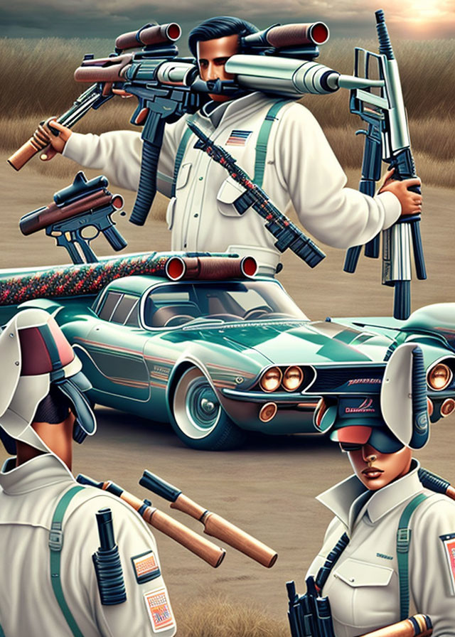 Illustration of three people in jumpsuits with guns near classic car