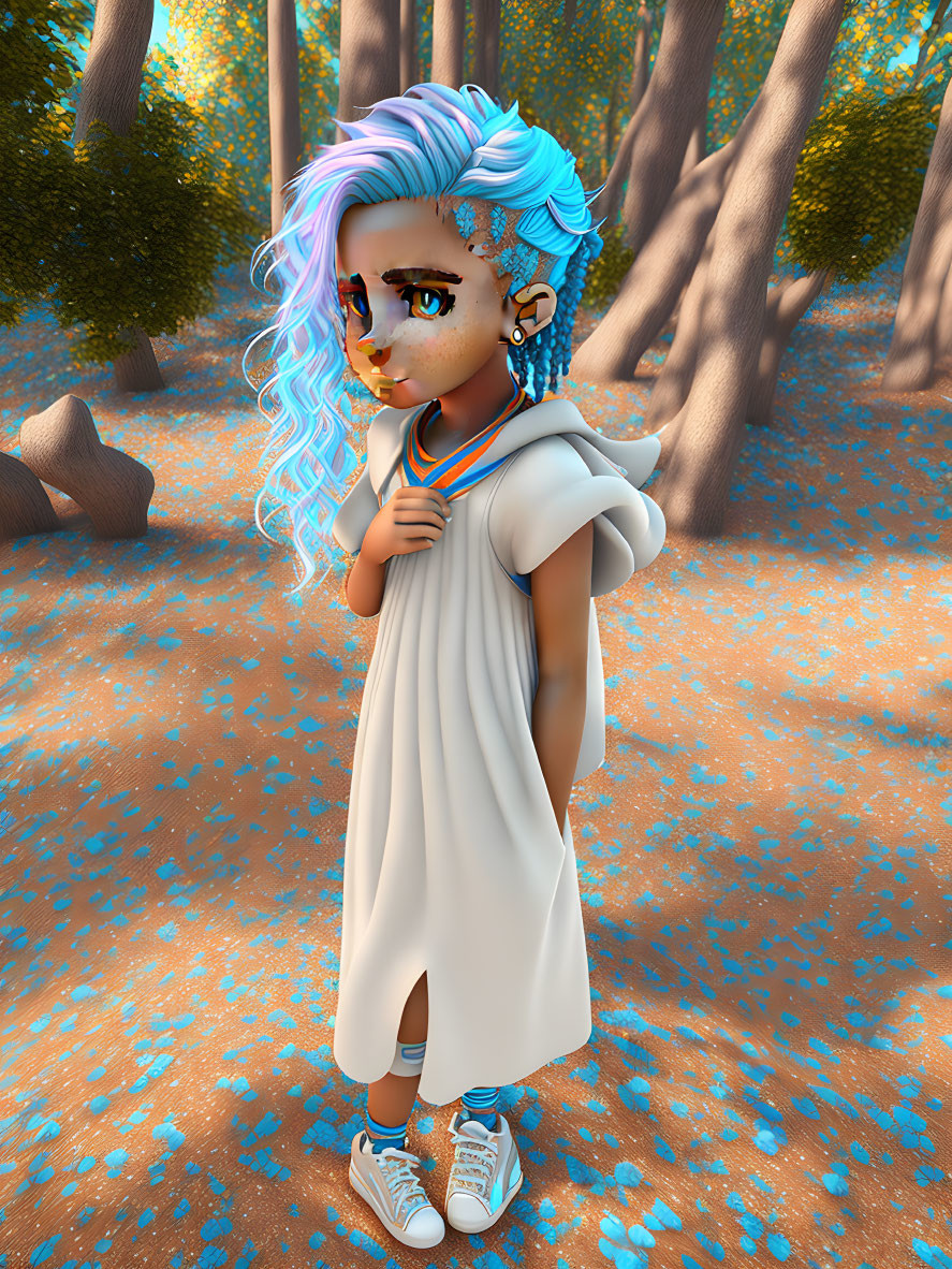 Stylized 3D character with blue-pink hair in forest setting