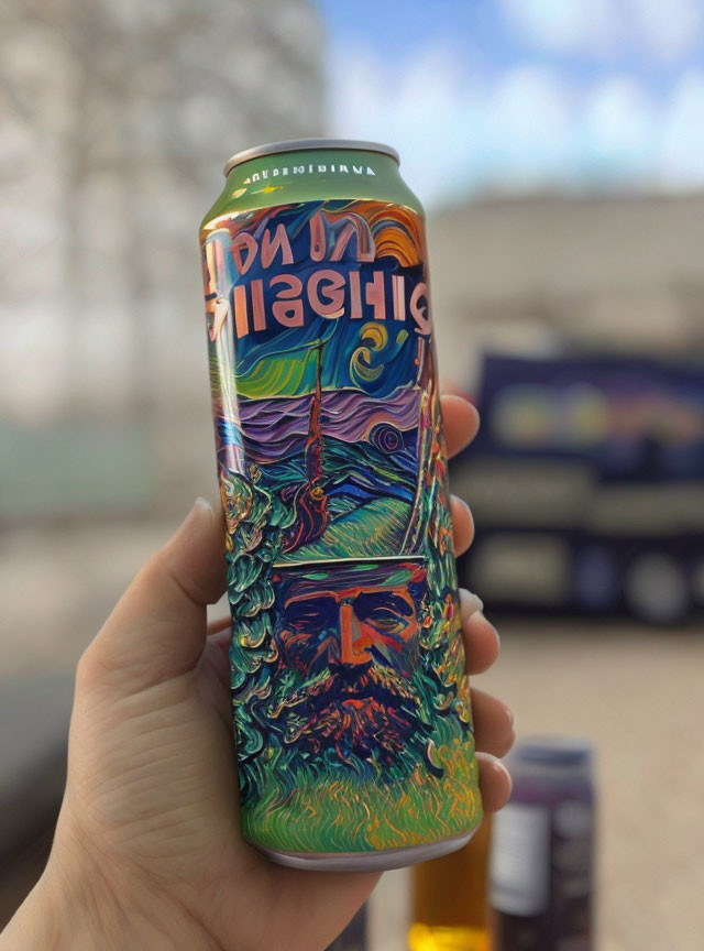 Colorful Psychedelic Beer Can Artwork Held Outdoors