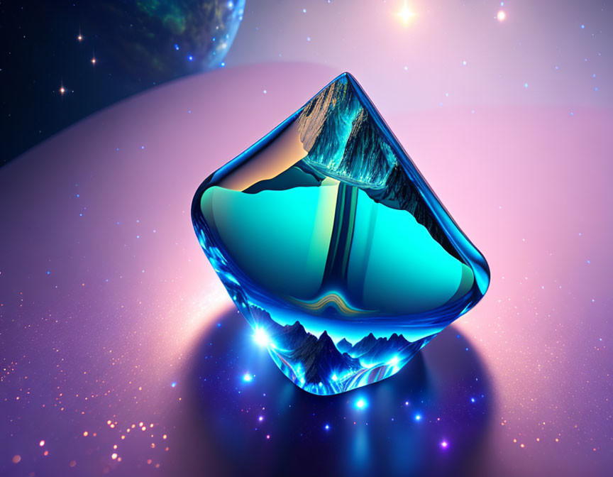 Surreal image of gem-like structure with cosmic reflections