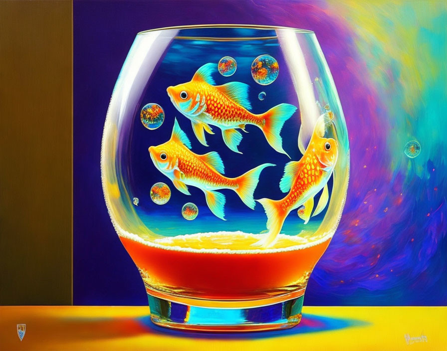 Colorful painting of three goldfish in bowl with dynamic shades and bubble details