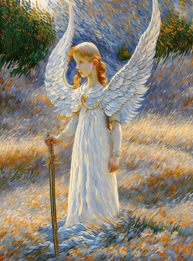 Angel illustration: white wings, golden hair, sword, grassy landscape