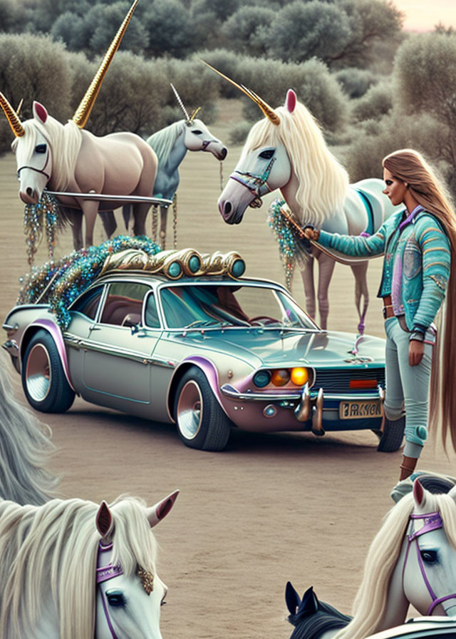 Stylized image of unicorns, classic car, woman in dreamy landscape