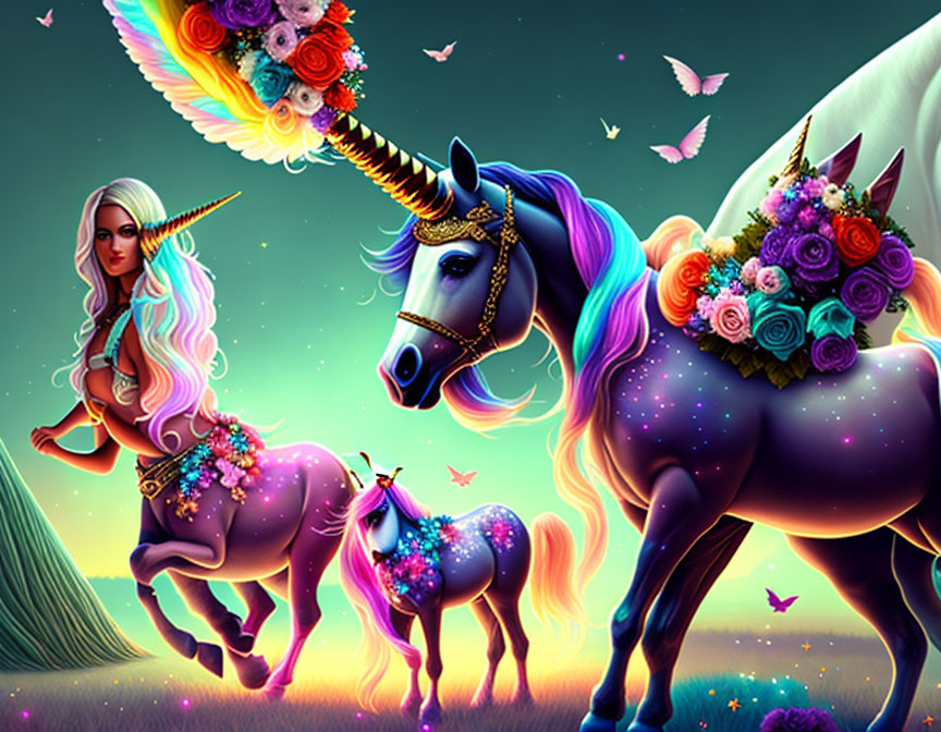 Fantasy scene: Woman, vibrant unicorns, flowers, butterflies, starry sky