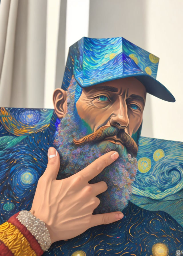 Stylized portrait featuring man with Starry Night beard and cap