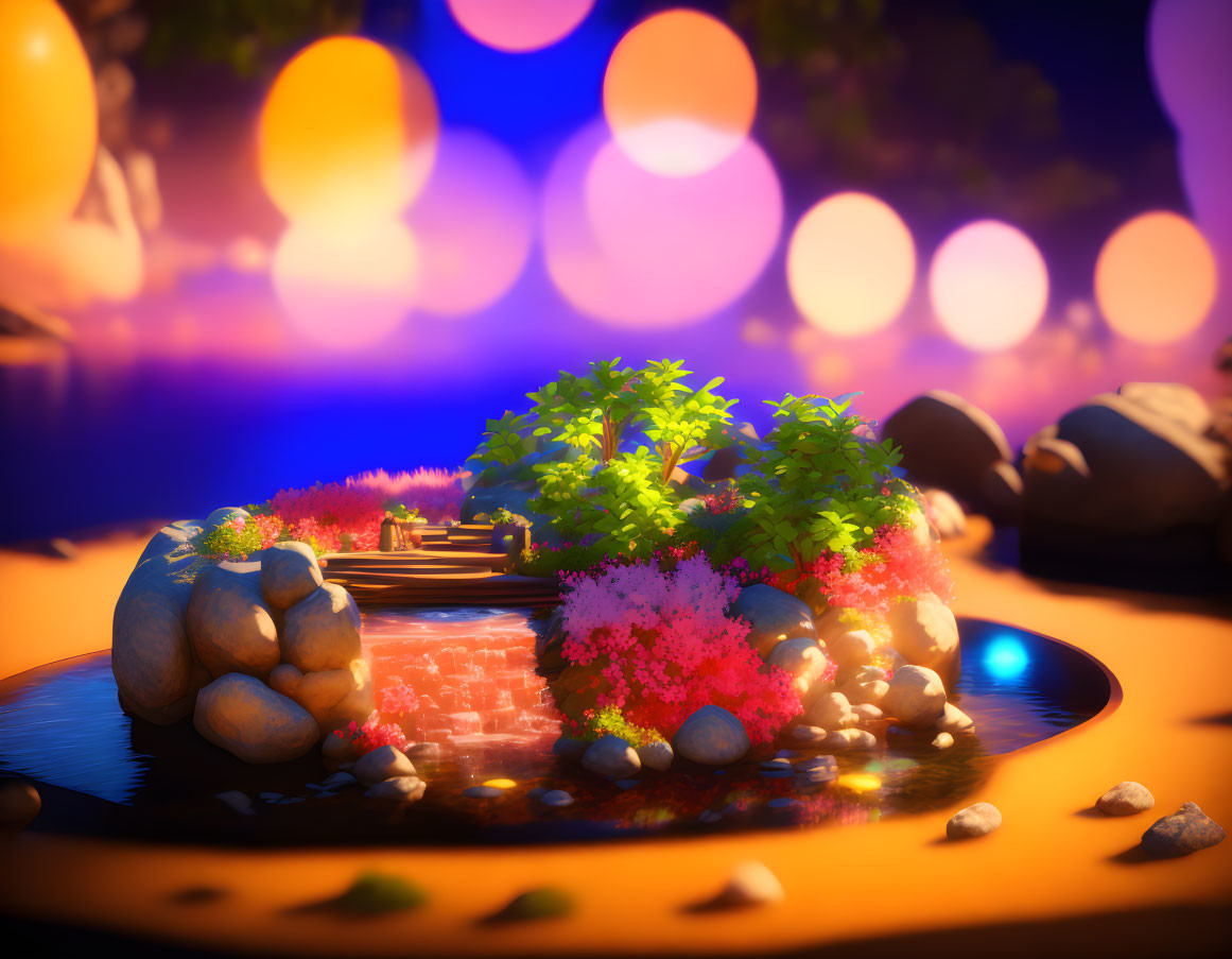 Colorful Plants and Glowing Orbs in Serene Pond Scene