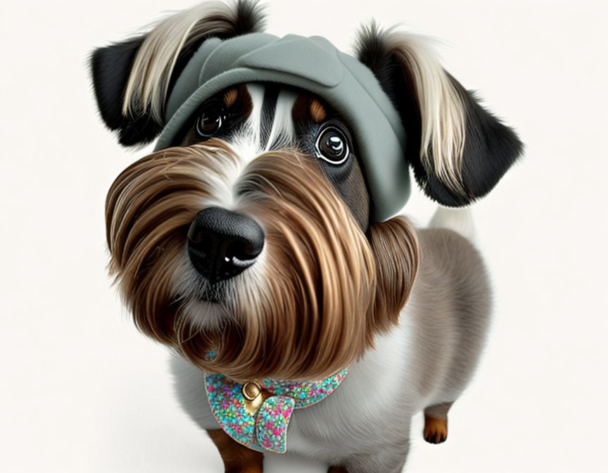 Illustration of expressive-eyed dog in beret and floral collar