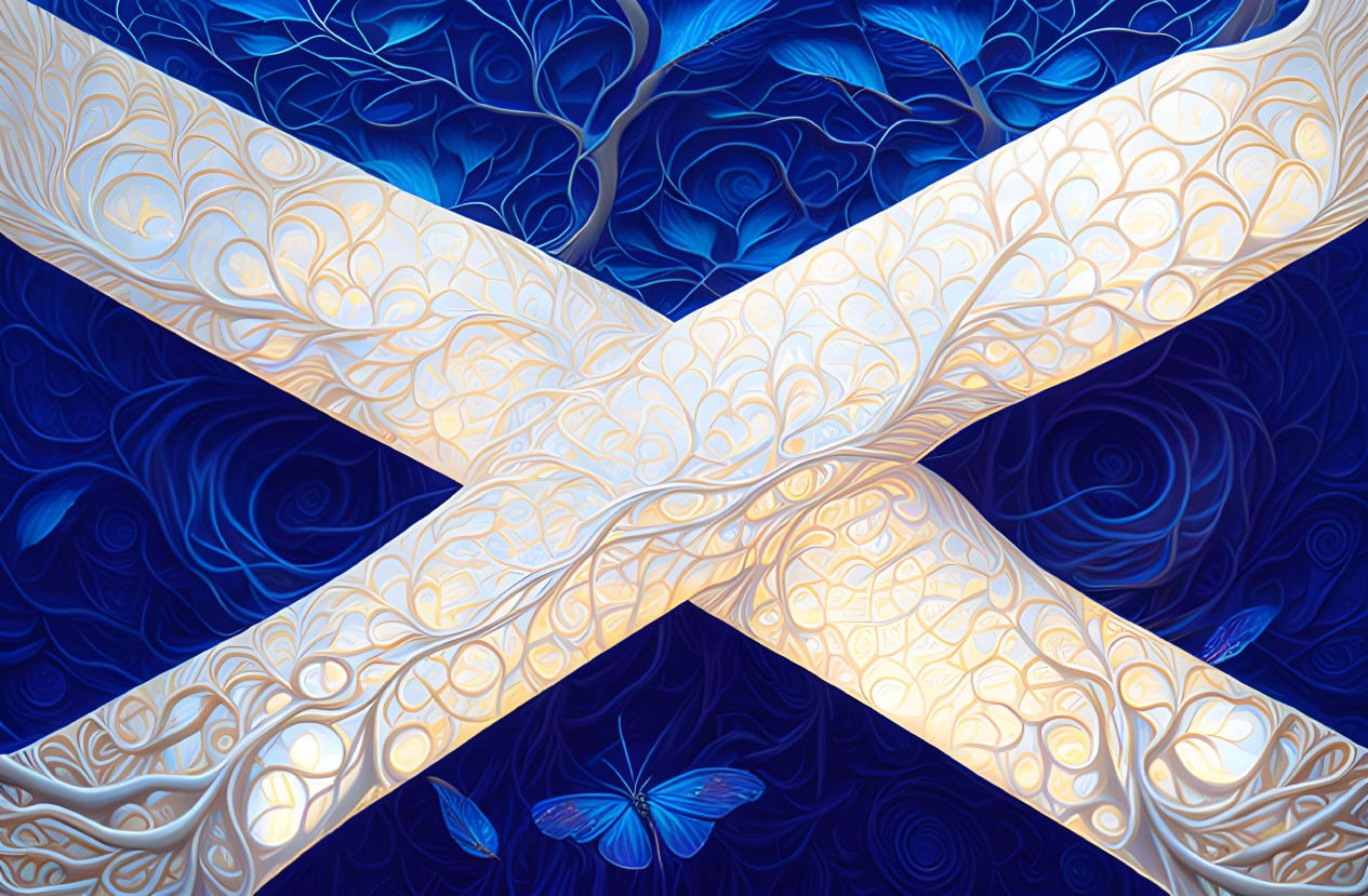 Ornate white crossed swords on swirling blue background with butterflies