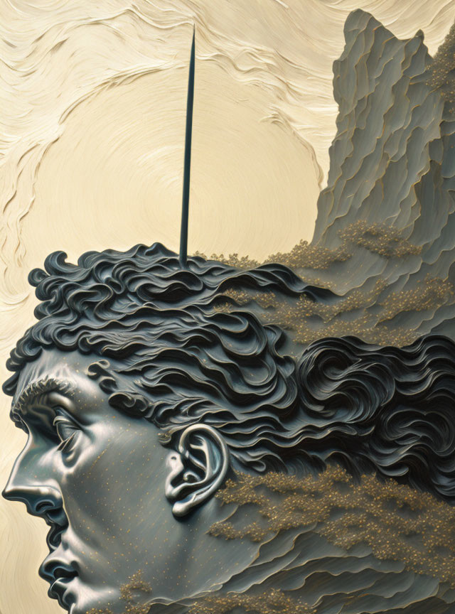 Stylized classical sculpture profile with flowing hair and textured landscape.