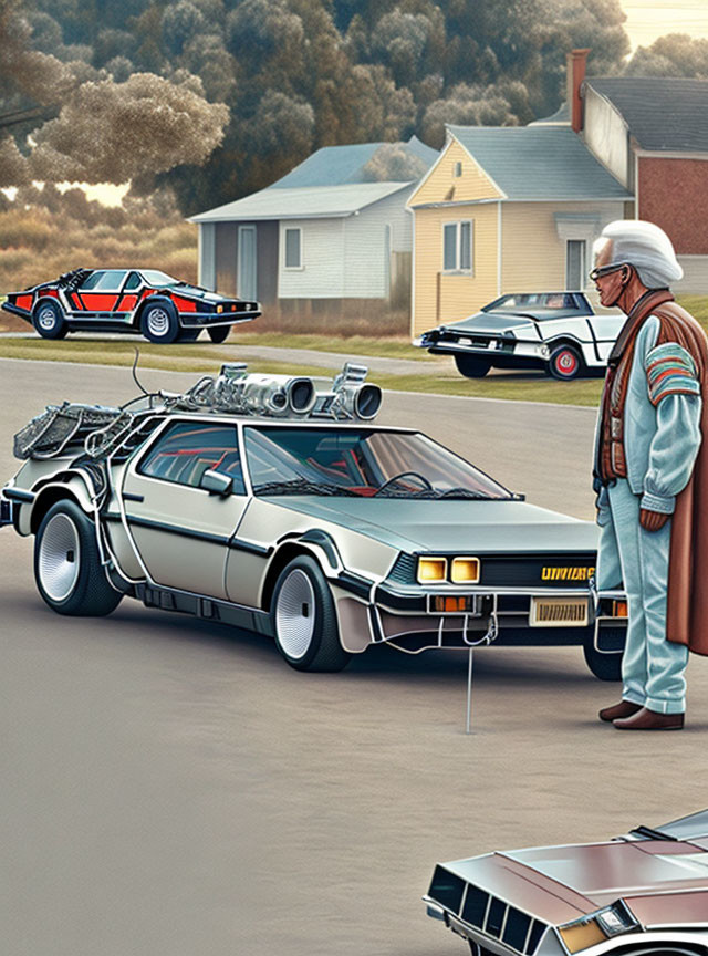 Person next to DeLorean time machine in suburban setting with identical cars.