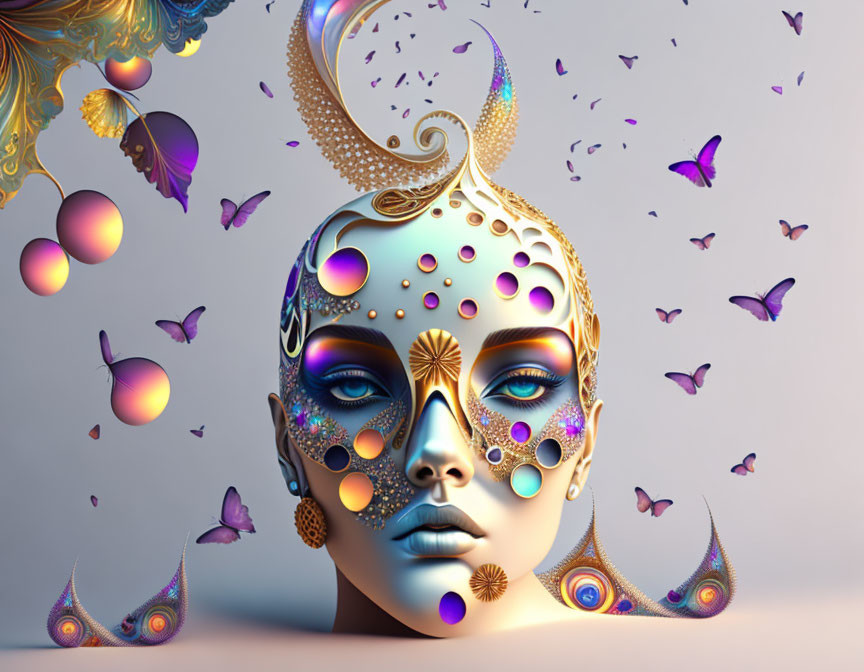 Colorful surreal portrait with ornate face ornamentation and butterflies