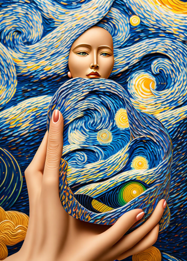 Surreal illustration: hand holding mask in Van Gogh's "Starry Night" style