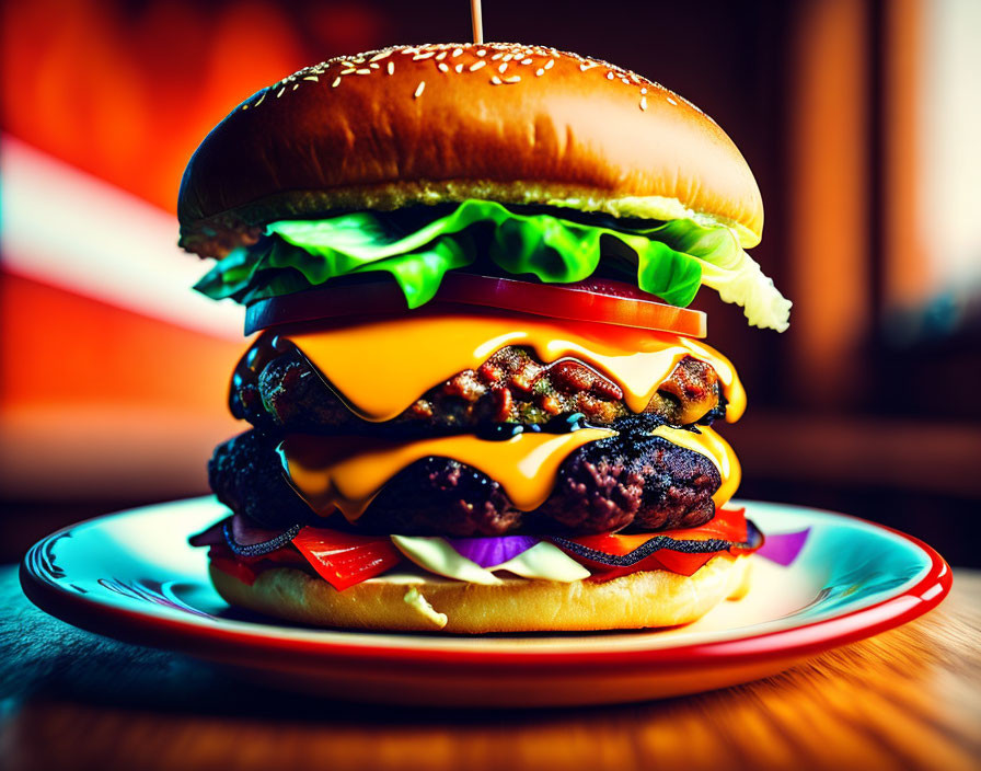 Double Cheeseburger with Lettuce, Tomato, and Onions on Sesame Seed Bun