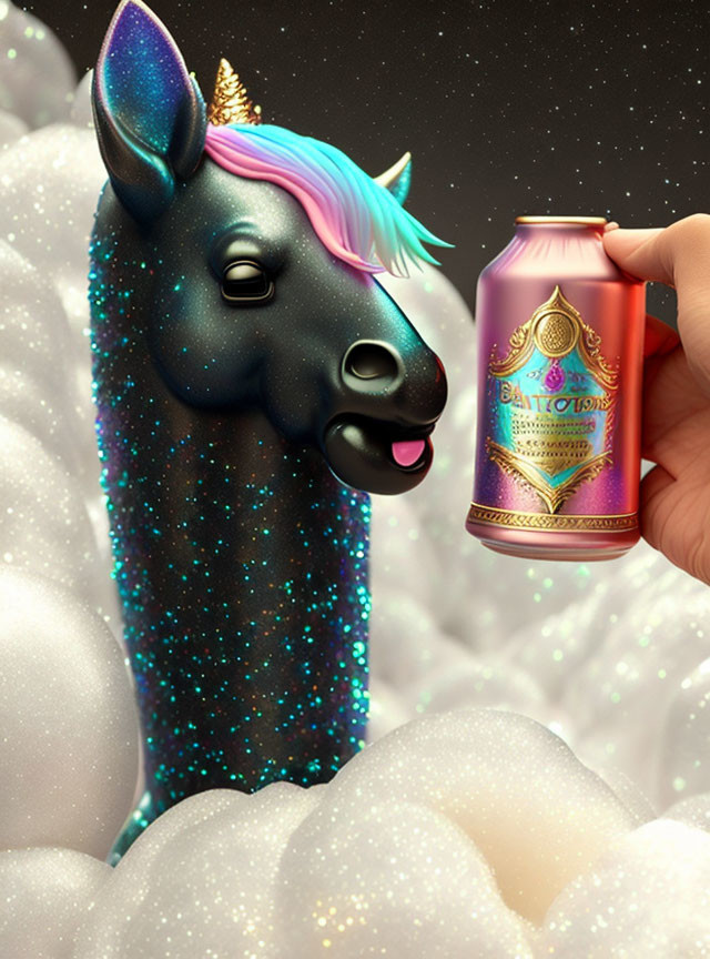 Sparkling unicorn with pink can in fluffy cloud scene