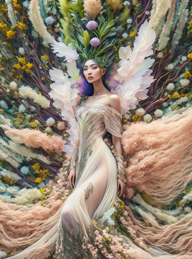 Woman in ethereal feathered gown surrounded by pastel garden flowers