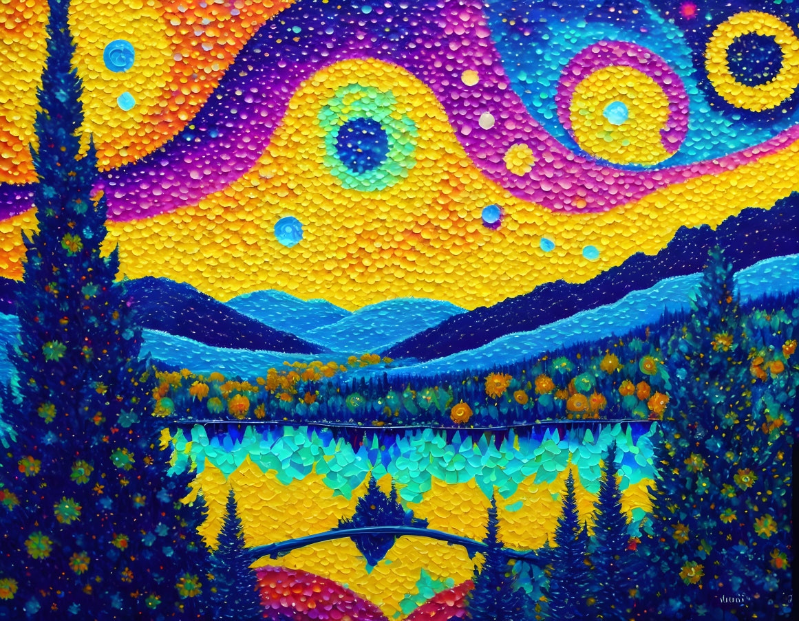 Colorful Painting of Swirling Skies and Starry Night Landscape