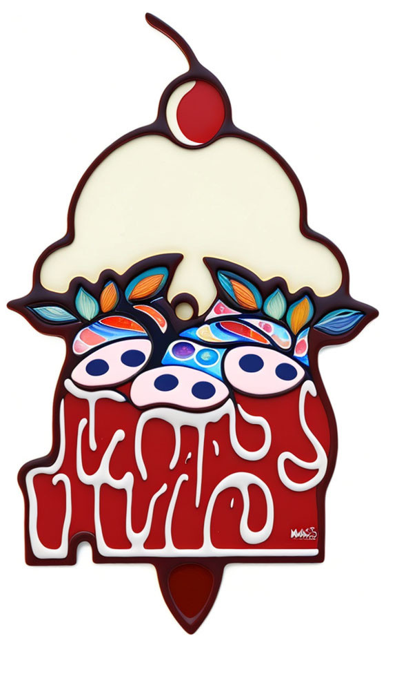 Colorful cow art with ice cream cone and cherry motif