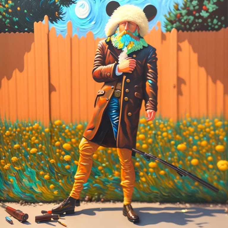 Person in Vintage Coat and Panda Head Holding Flowers Against Colorful Whimsical Backdrop