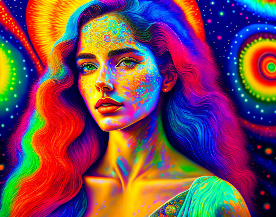 Colorful portrait of a woman with rainbow hair and intricate facial tattoos.