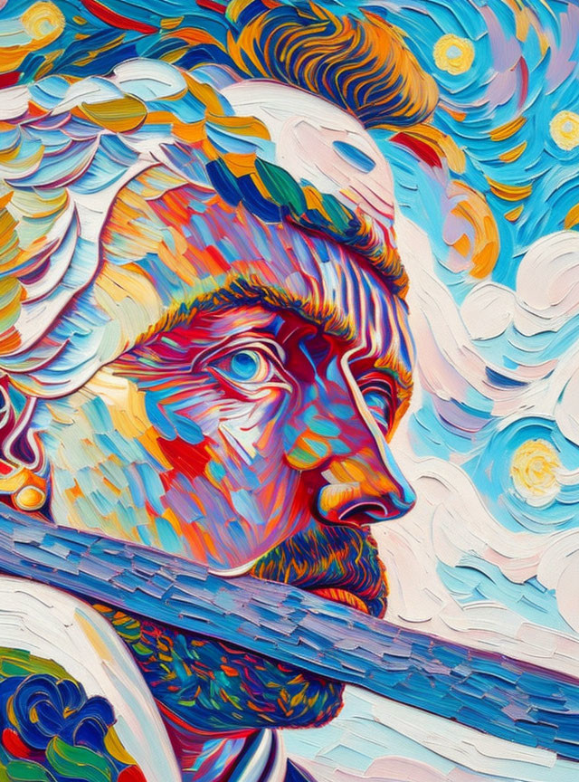 Colorful Van Gogh-inspired painting of a bearded man with swirling patterns