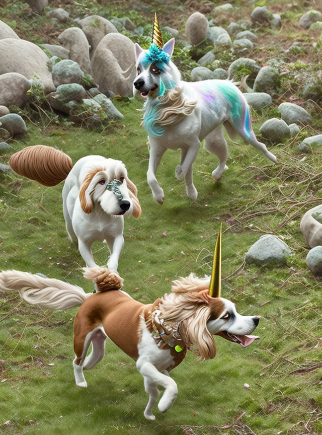 Colorful dogs with unicorn horns in whimsical forest