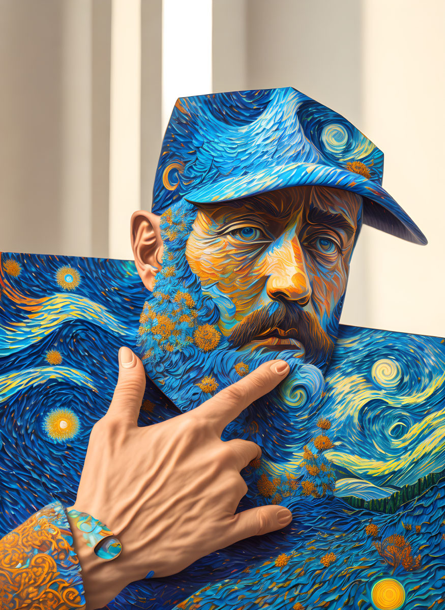 3D artwork blending man with Starry Night painting and peace sign gesture.