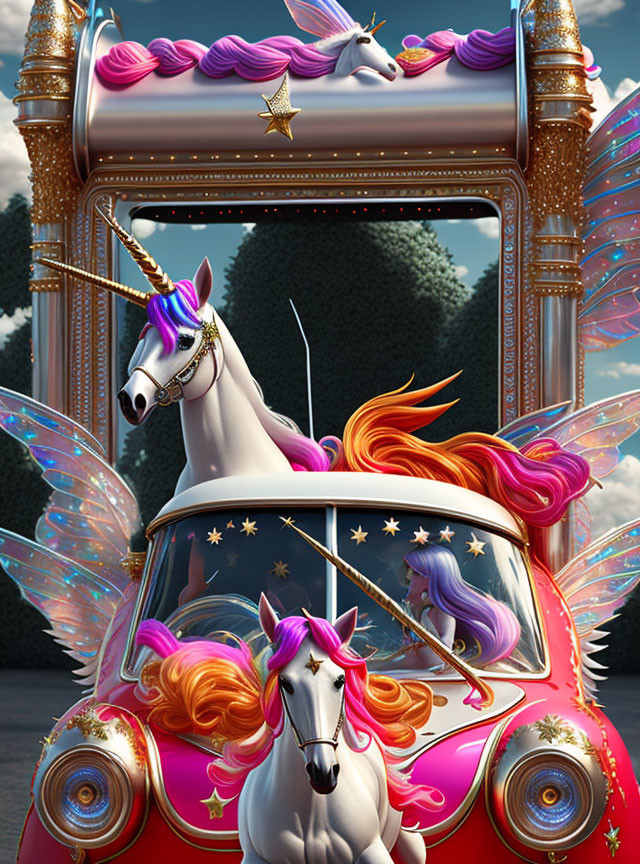 Whimsical unicorns in fairy-tale carriage with golden accents