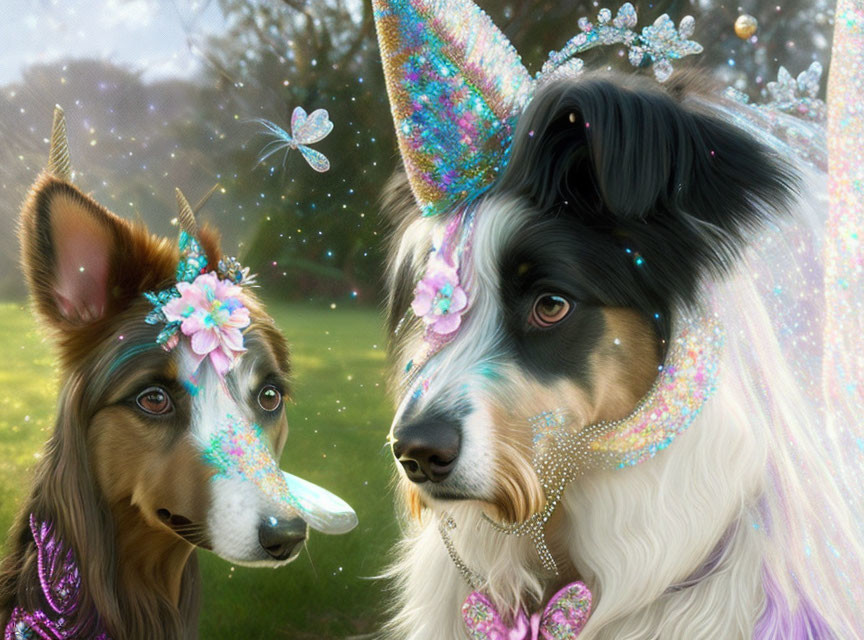 Colorful Dogs with Unicorn Horns in Magical Setting