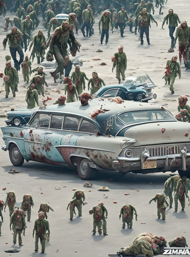 Horde of zombies in post-apocalyptic scene with vintage cars