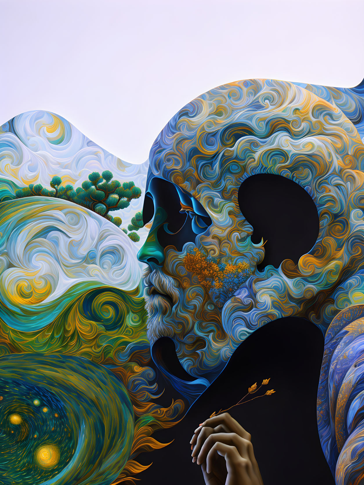 Surrealist artwork: Human skull with swirling Van Gogh-inspired patterns