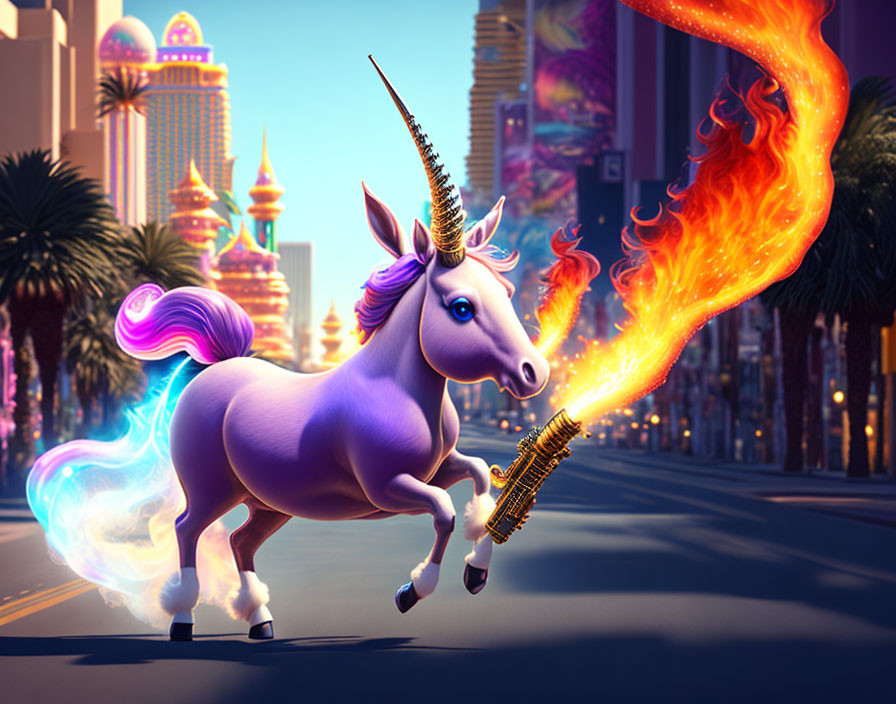 Majestic unicorn with golden horn and multicolored mane in vibrant cityscape.