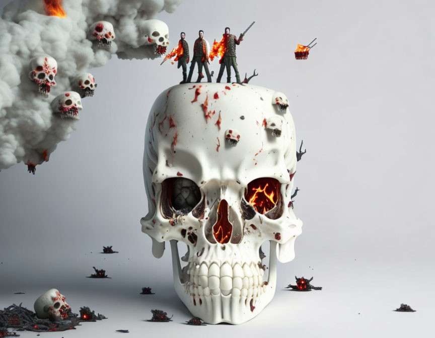 Surreal image of giant skull, figures, helicopter crashes, and smoke skulls against white background