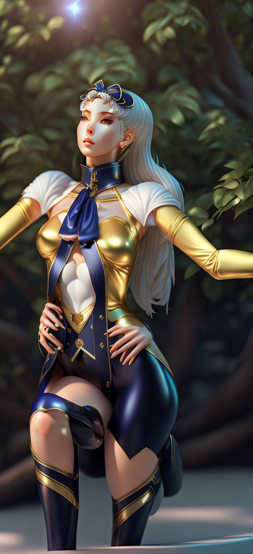 White-Haired Female Character in Gold and Blue Fantasy Attire in Forest Setting