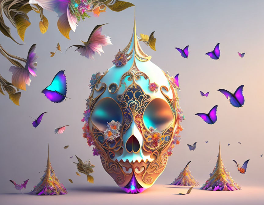 Intricate floral skull with butterflies on purple background