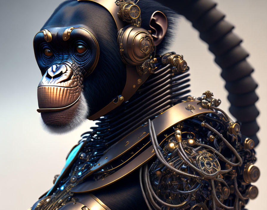 Steampunk-themed mechanical ape with intricate metal details