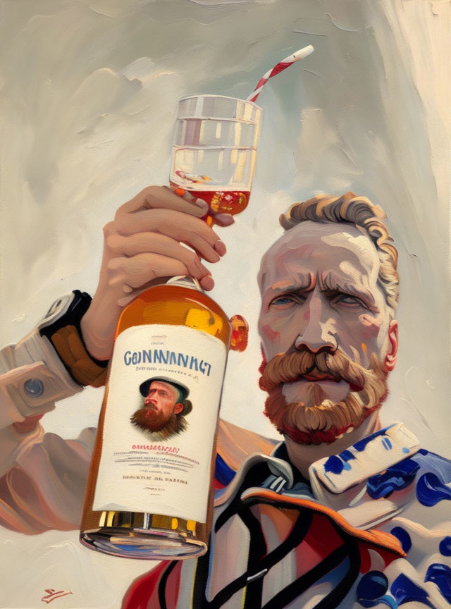 Bearded man holding whiskey bottle with self-portrait label